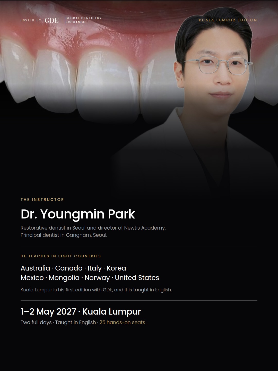 No-Prep & Minimal-Prep Veneers, Kuala Lumpur — course poster for Dr. Youngmin Park, 1&ndash;2 May 2027